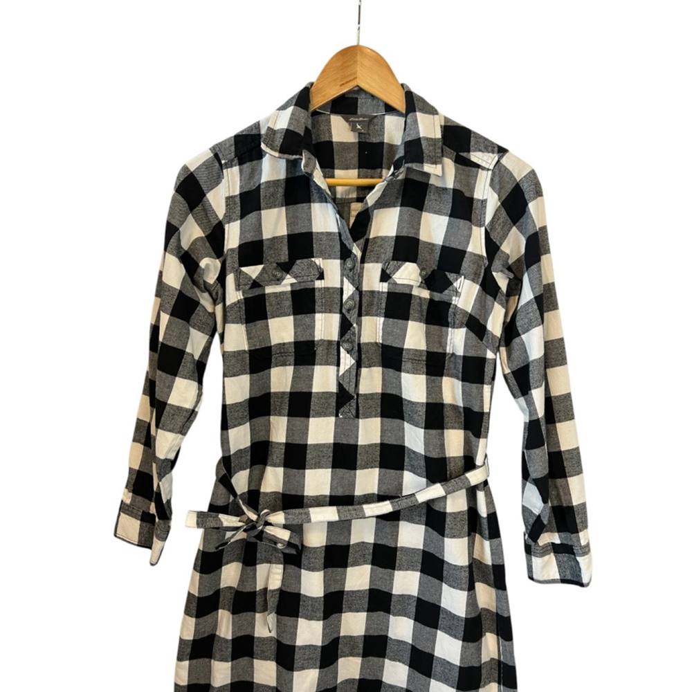 EDDIE BAUER Black & White Plaid Flannel Long Sleeve Short Casual Dress 2 - Picture 2 of 8